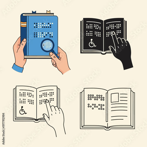 Four illustrations of hands reading braille books with magnifying glass on beige background for accessibility and disability awareness concepts  education and learning aids