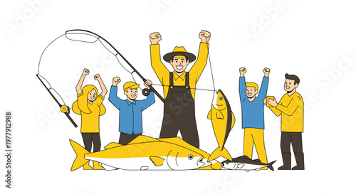 People fishing with big catch.