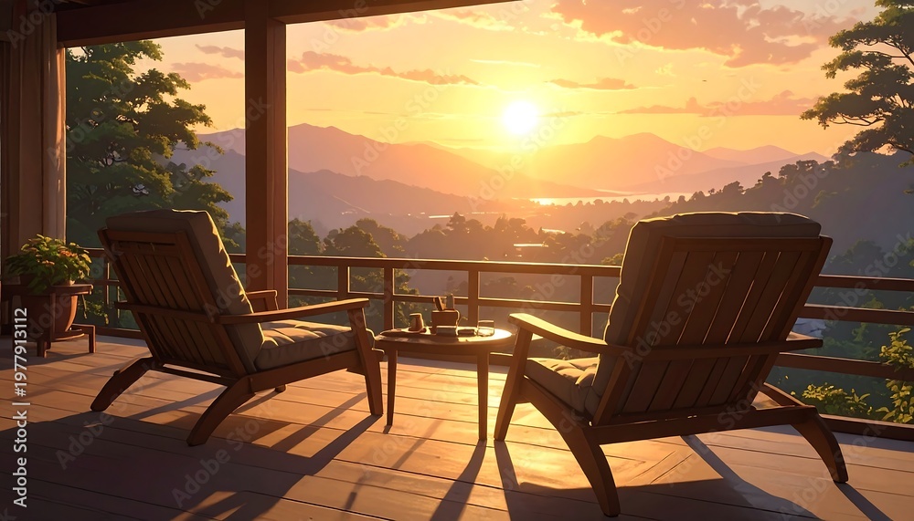 Obraz premium Serene sunset view from a wooden deck with chairs and idyllic mountain landscape