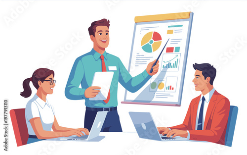 A male professional presents detailed business data on a flipchart to two colleagues with laptops