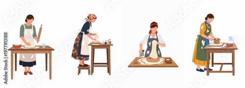 Flat illustration of women in vintage attire kneading and preparing bread dough at wooden tables, depicting traditional baking and culinary skills.