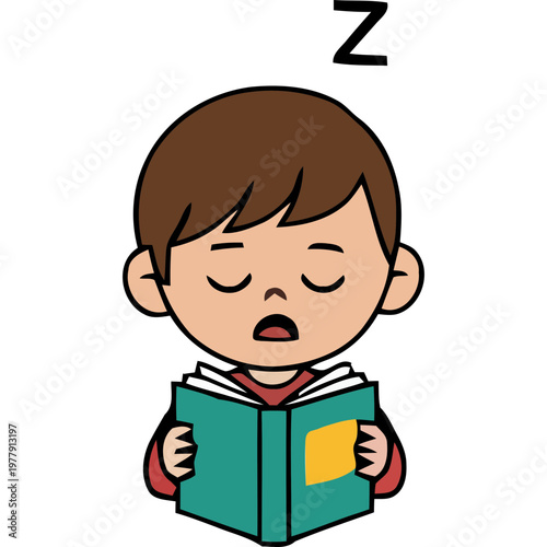 A young boy reading a book with closed eyes in a peaceful indoor setting