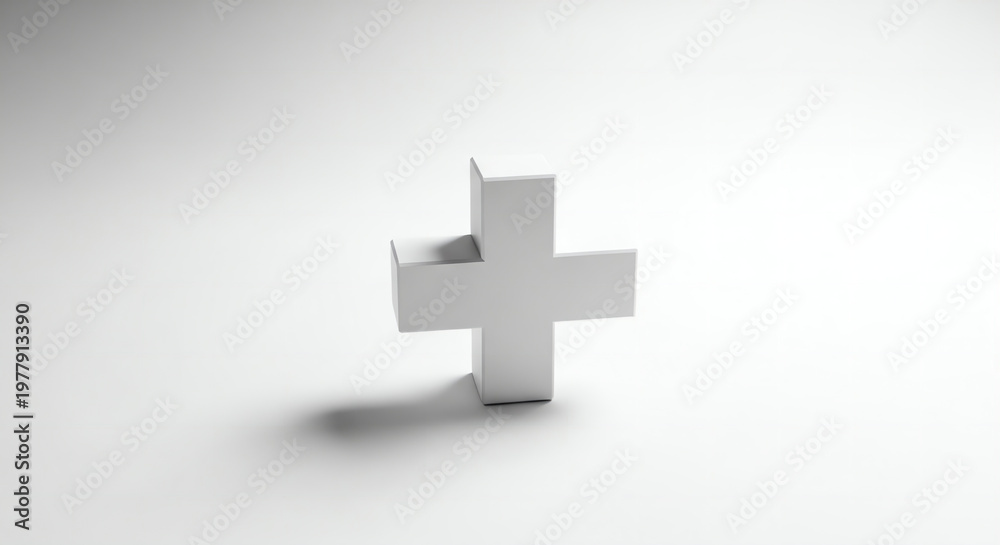 Fototapeta premium A white plus sign on a clean background with subtle shadows