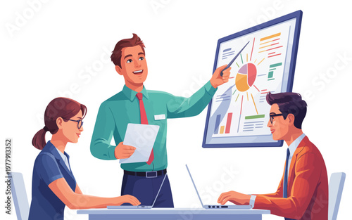A male speaker enthusiastically presents colorful data charts and reports to two attentive team members