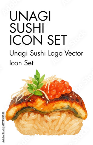 Watercolor illustration of traditional Japanese unagi sushi, a delightful culinary art featuring grilled freshwater eel on a bed of rice