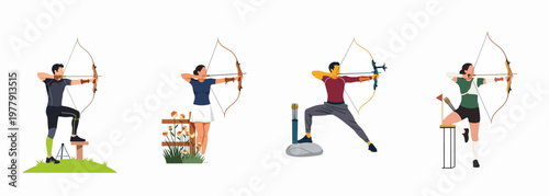 Set of illustrations of diverse people practicing archery with bows and arrows in various outdoor settings, isolated on white background