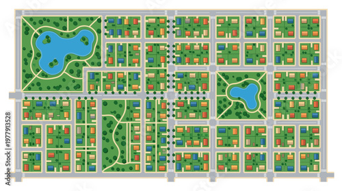 Aerial View Vector Illustration of an Urban City Map with Residential Neighborhood, Suburban Houses, Green Parks, Lakes, and Modern Street Infrastructure