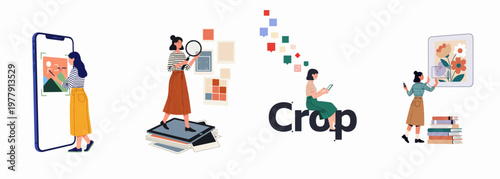 Illustration set of creative women editing, cropping, and curating digital photos and social media content on various devices and platforms.