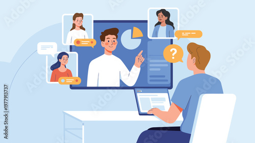 A person attends a remote video meeting viewing multiple colleagues and a shared screen presentation