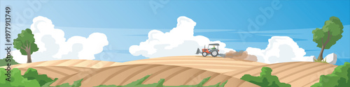 Horizontal view of preparing agricultural land using tractors. Landscape of rolling hills and valleys ready for agricultural cultivation. Under blue clear sky and white clouds. for banner background.