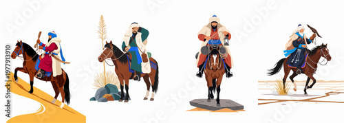 Traditional Central Asian Nomadic Horsemen and Hunters Illustrations Set in Diverse Landscapes
