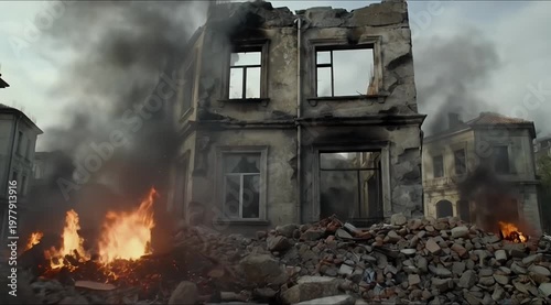 War Torn Cityscape With Buildings Reduced to Rubble And Ash And Fire on Empty Streets Under A Clouded Sky With Broken