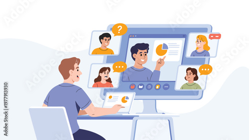 A person sitting at a desk, actively participating in a virtual video conference call displayed on a large monitor