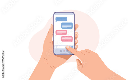 A person uses their hand to tap on a search icon within a messaging app on a smartphone screen