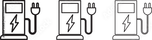 Electric vehicle EV charging station sign set. Car EV parking sign. Electric car charging point icons. Electric car with plug icon symbol.
