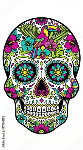 Sugar skull adorned with vibrant tropical flowers and a bird  