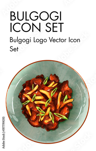 Vibrant hand-drawn watercolor vector of Korean bulgogi, tender marinated beef with fresh green onions on a plate, perfect food icon