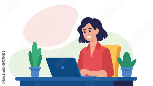 A smiling young woman works diligently on her laptop computer at a neat office desk