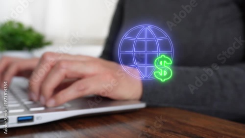 Online financial transactions. Close-up of a woman's hand working on a computer, pointing to a virtual globe icon with a dollar sign.