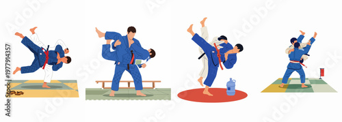 Flat vector illustrations of male judo practitioners performing various throws and grappling techniques in traditional blue and white judogi on mats.