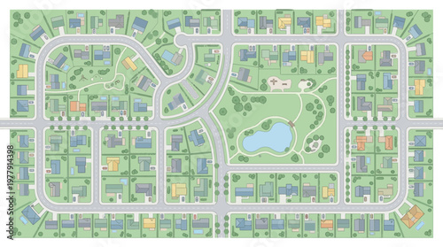 Top Down View of a Planned Suburban Neighborhood Map Illustration with Residential Houses, Private Gardens, and a Central Public Park