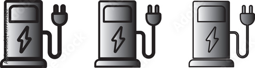 Electric vehicle EV charging station sign set. Car EV parking sign. Electric car charging point icons. Electric car with plug icon symbol.
