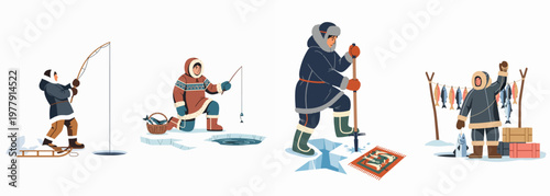 Set of flat vector illustrations depicting indigenous Inuit people engaged in traditional ice fishing activities in the Arctic winter landscape.