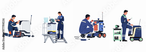 Engineers and technicians in uniforms repairing, testing, and programming various industrial robots and automated machines in a flat illustration style.