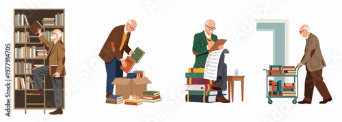 Illustrations of an elderly librarian organizing books on a shelf, packing boxes, checking a list, and pushing a book trolley.