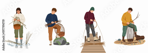 Set of people weaving traditional wicker baskets with willow branches in different outdoor settings, flat vector illustration