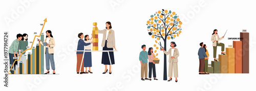 Set of financial advisor illustrations showing investment growth, wealth building, harvesting profits from a money tree, and compounding interest strategies for a young couple.