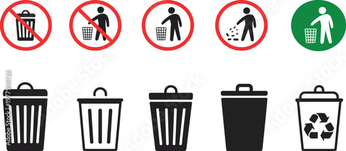 Waste management and recycling icon set including no littering symbols and trash container icons for eco friendly disposal systems and public awareness graphics