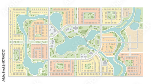 Suburban Residential Master Plan Map with Lakes, Parks and Green Spaces for Urban Planning and Real Estate Development Concept