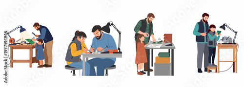 Set of vector illustrations depicting a father teaching his daughter electronics, soldering circuit boards, and working on STEM projects together in a workshop.