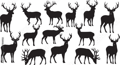 Silhouettes of deer in various poses and antler styles