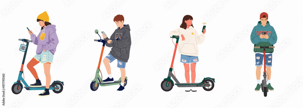 Fototapeta premium Set of young people using mobile apps on smartphones to rent and ride electric kick scooters, modern urban mobility flat vector illustration.