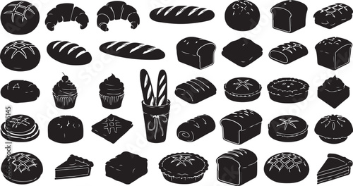 Variety of Desserts and Baked Goods in Black Silhouette