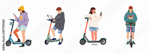 Set of young people using mobile apps on smartphones to rent and ride electric kick scooters, modern urban mobility flat vector illustration.