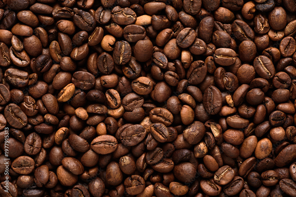 Fototapeta premium Top view of medium roast coffee beans texture background. High quality roasted arabica coffee beans for background and wallpaper