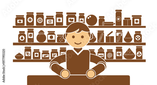 Cartoon man behind spice counter.