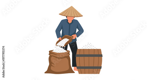 Man pouring rice from basket.