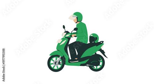 Man riding green motor scooter.
