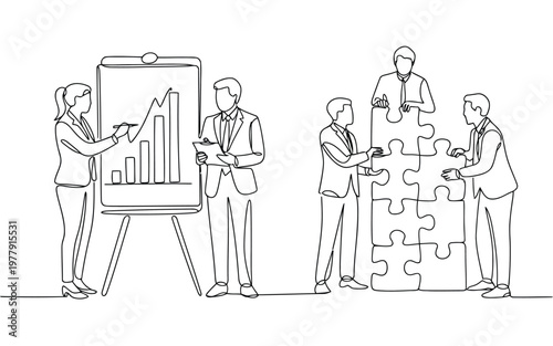 Business professionals present financial data and collaborate to solve problems with puzzle pieces