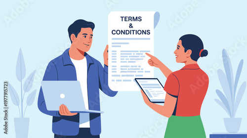Business professionals review a large terms and conditions document with digital devices