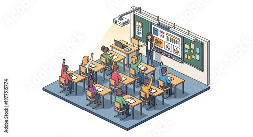 Isometric Classroom Scene with Students, Teacher, and Interactive Whiteboard.
