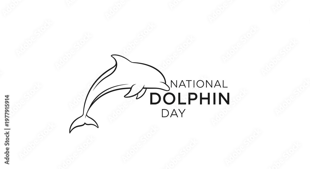 Obraz premium A minimalist vector illustration celebrates National Dolphin Day, featuring a stylized dolphin jumping next to the text on a clean white background, promoting marine life awareness