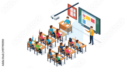 Isometric Classroom Scene - Teacher Lecturing Students with Raised Hands.