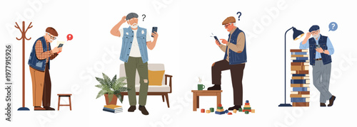 Illustrations of an elderly man feeling confused and frustrated while trying to use a smartphone in various domestic settings.
