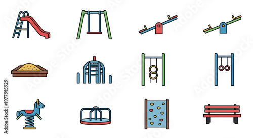 Playground Equipment Icons: Slide, Swings, Seesaw, Sandbox, Gym Set, Climbing Wall