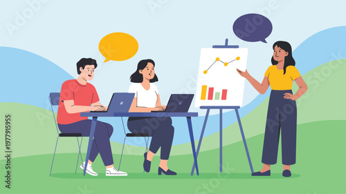 Business team holds a productive meeting with a data presentation and collaborative laptop work